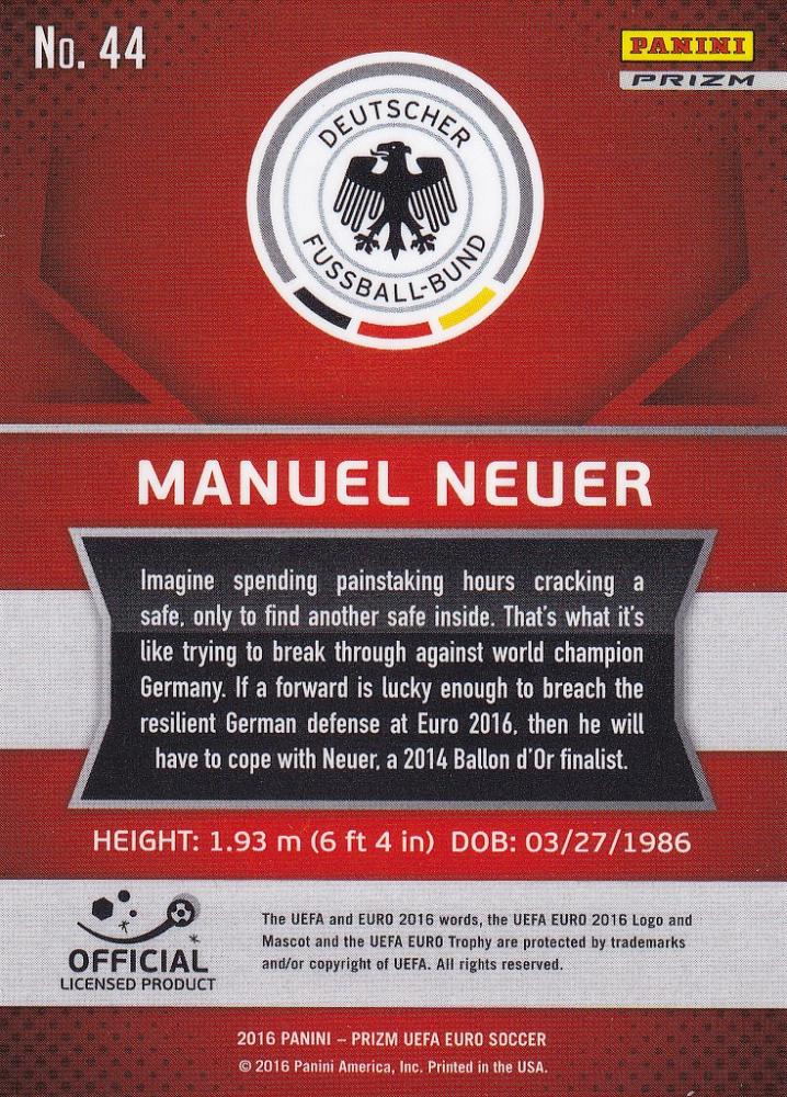 2016 Panini Prizm Euro Germany Manuel Neuer Base Flash Prizms Parallel Version trading card