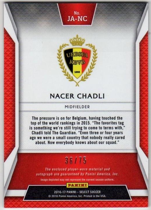 2016-17 Panini Select Nacer Chadli Relic Autographs card numbered 36 out of 75 with signature and patch