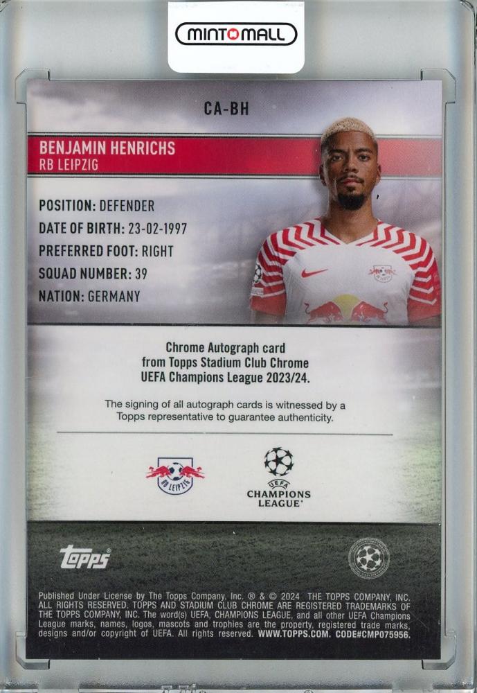2023-24 Topps Stadium Club Chrome UEFA Champions League Soccer Benjamin Henrichs Chrome Autographs/#CA-BH RB Leipzig