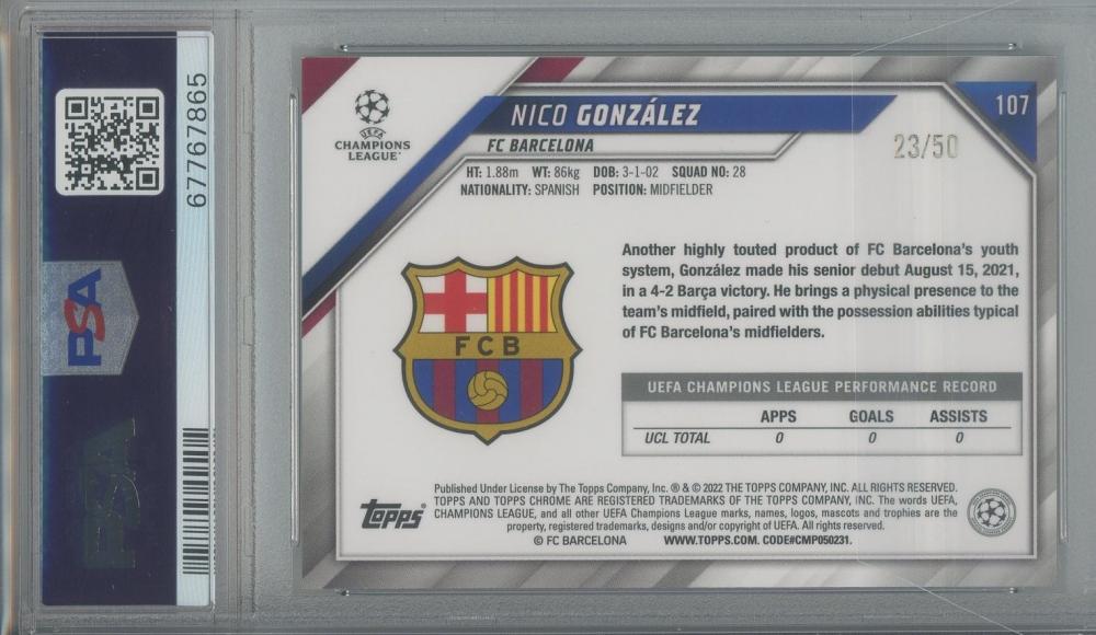 2021-22 Topps Chrome UEFA Champions League Nico Gonzalez Gold Mini Diamond Refractors #107 RC23/50PSA9 FC Barcelona