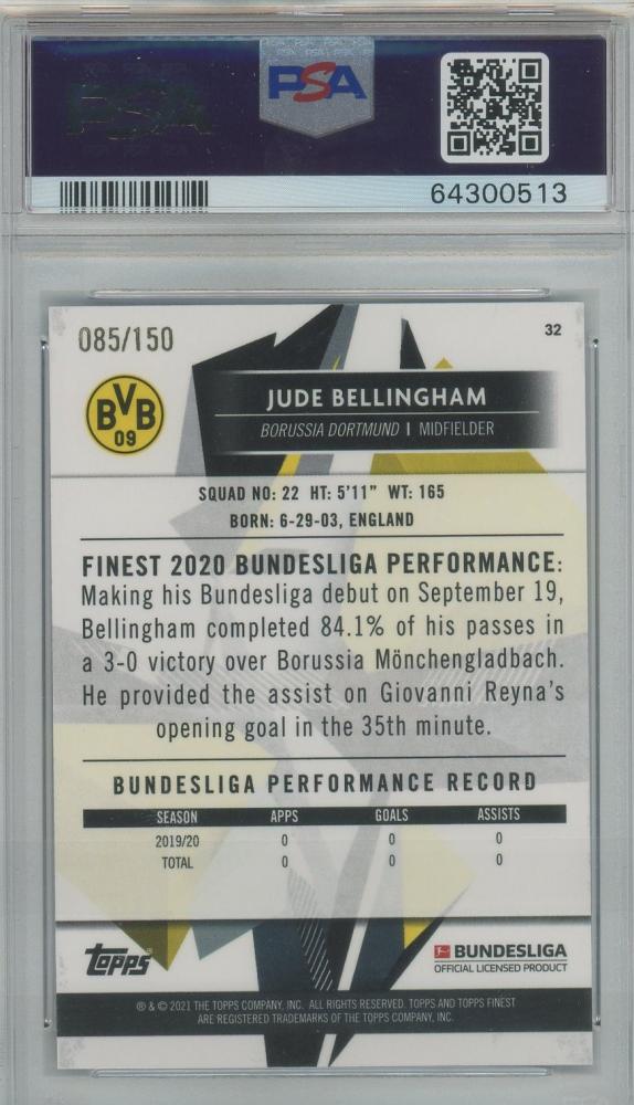 2020-21 Finest Bundesliga Jude Bellingham Blue Refractors #32 RC085/150PSA9 Borussia Dortmund