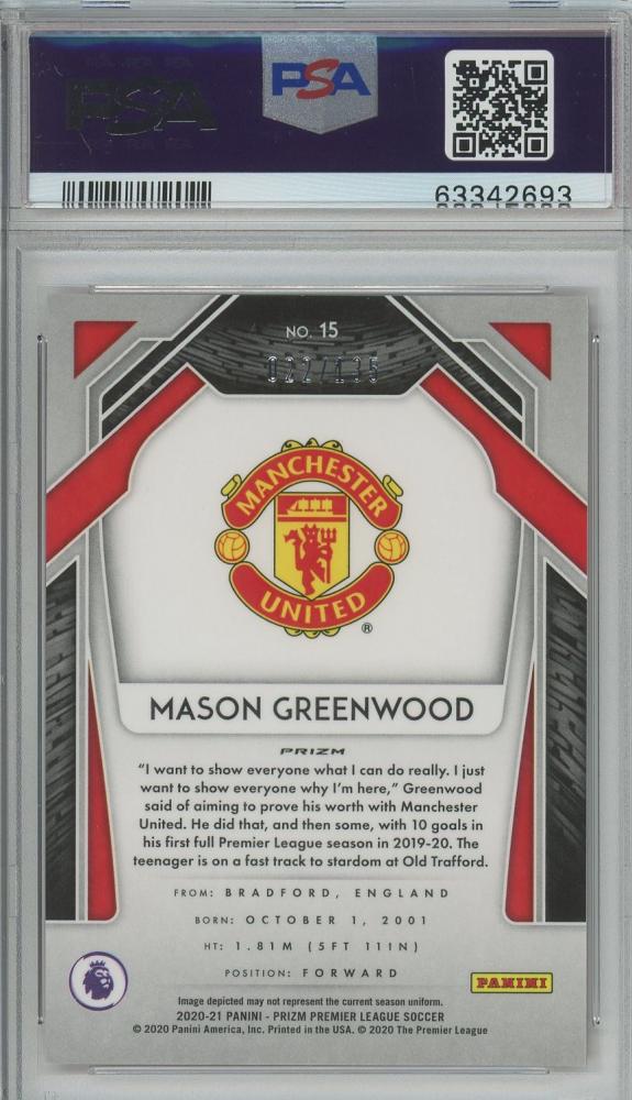 2020-21 Panini Prizm English Premier League Mason Greenwood Prizms Red Mojo #15022/135PSA9 Manchester United