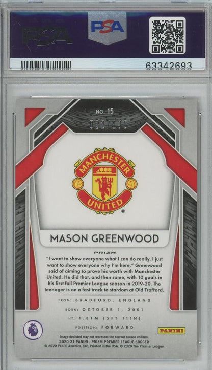 2020-21 Panini Prizm English Premier League Mason Greenwood Prizms Red Mojo #15022/135PSA9 Manchester United