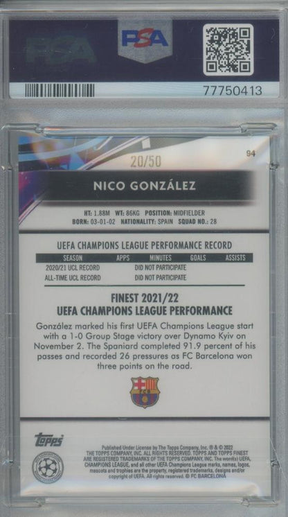 2021-22 Finest UEFA Champions League Nico Gonzalez Gold Speckle Refractors #9420/50PSA9 FC Barcelona