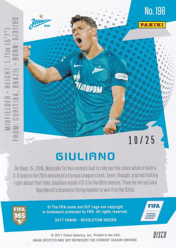 2017 Panini Revolution football card of FC Zenit player Giuliano Base Disco Parallel numbered 10 out of 25