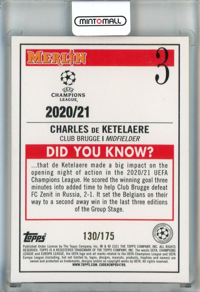 2021-22 Merlin UEFA Champions League Charles de Ketelaere Speckle Refractors #3130/175 Club Brugge
