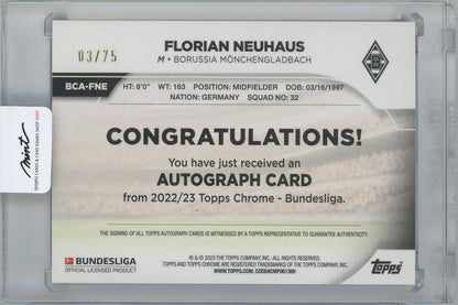 2022-23 TOPPS Chrome Bundesliga Autographs Pink Refractors / FLORIAN NEUHAUS(VfL Borussia Monchengladbach) 03/75