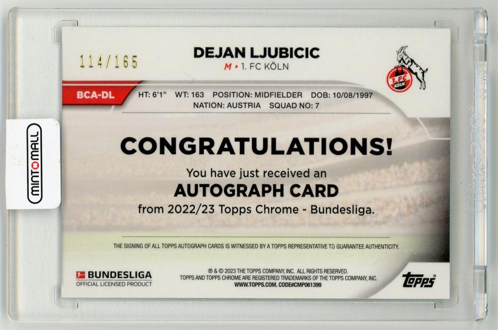 2022-23 TOPPS Chrome Bundesliga Autograph Prizm Refractor 1. FC Koln Dejan Ljubicic 114/165