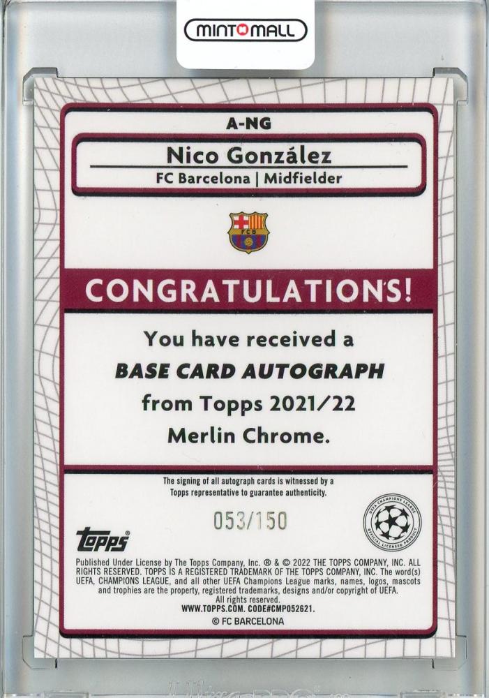 2021-22 Topps Merlin UEFA Champions League Nico Gonzalez RC/Speckle Refractors/#A-NG053/150 FC Barcelona