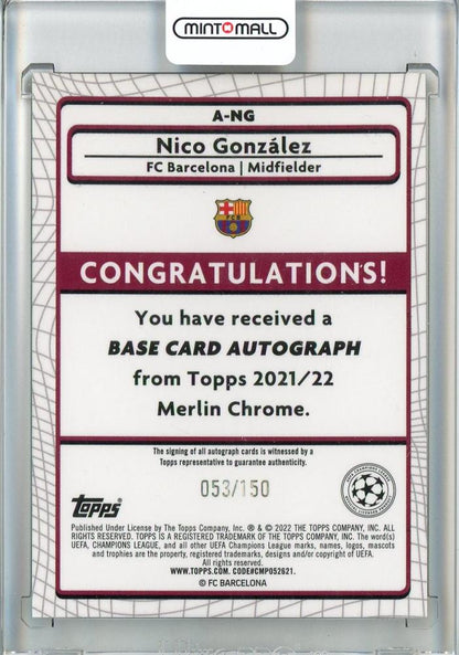 2021-22 Topps Merlin UEFA Champions League Nico Gonzalez RC/Speckle Refractors/#A-NG053/150 FC Barcelona