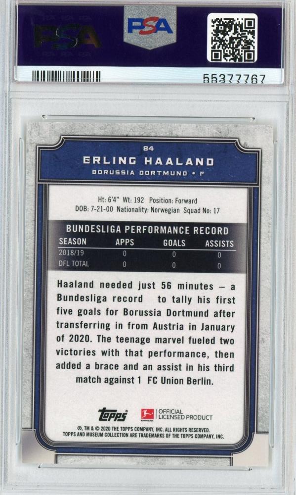 2019-20 Topps Museum Collection Erling Haaland Borussia Dortmund Gold Parallel PSA 8 rookie card serial 44 of 50