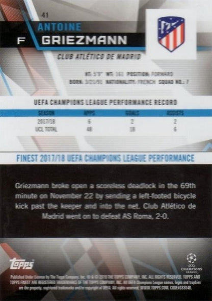 2018-19 Topps Champions League Finest Antoine Griezmann Refractors trading card numbered 46 of 50
