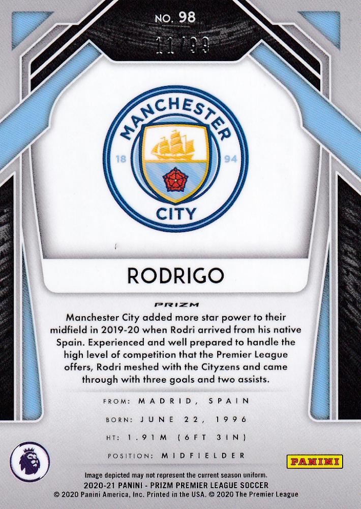 2020-21 Panini Prizm Premier League Breakaway Manchester City Rodrigo Base Violet parallel card numbered 11 out of 99