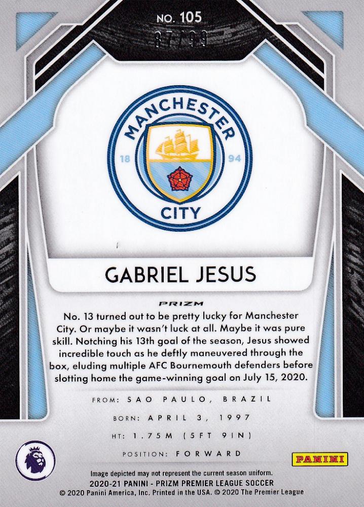 2020-21 Panini Prizm Premier League Breakaway Gabriel Jesus Base Violet parallel card number 87 of 99