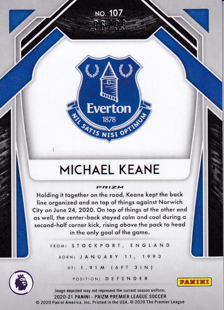 2020-21 Panini Prizm Premier League Breakaway Everton Michael Keane Base Violet parallel card number 96/99
