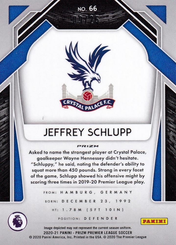2020-21 Panini Prizm Premier League trading card featuring Jeffrey Schlupp of Crystal Palace orange parallel 09/25