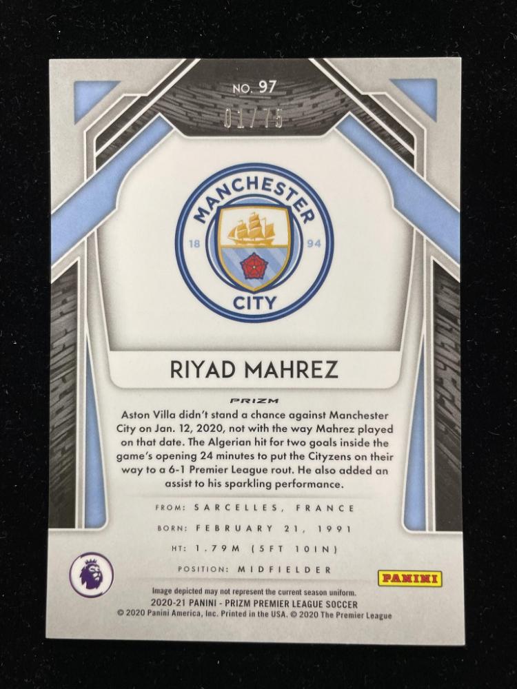 2020-21 Panini Prizm Premier League Manchester City Riyad Mahrez Base Blue Ice trading card serial 01 of 75
