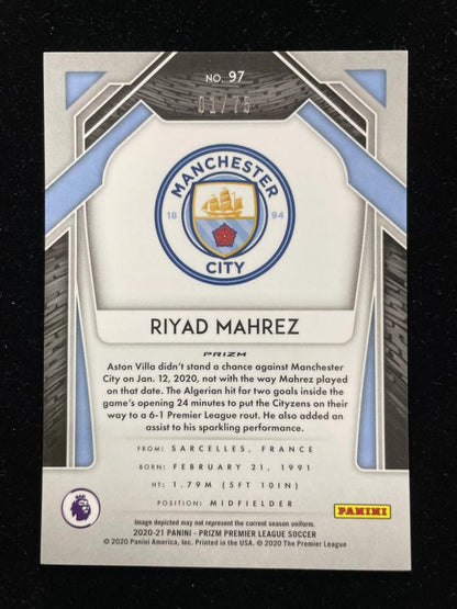 2020-21 Panini Prizm Premier League Manchester City Riyad Mahrez Base Blue Ice trading card serial 01 of 75