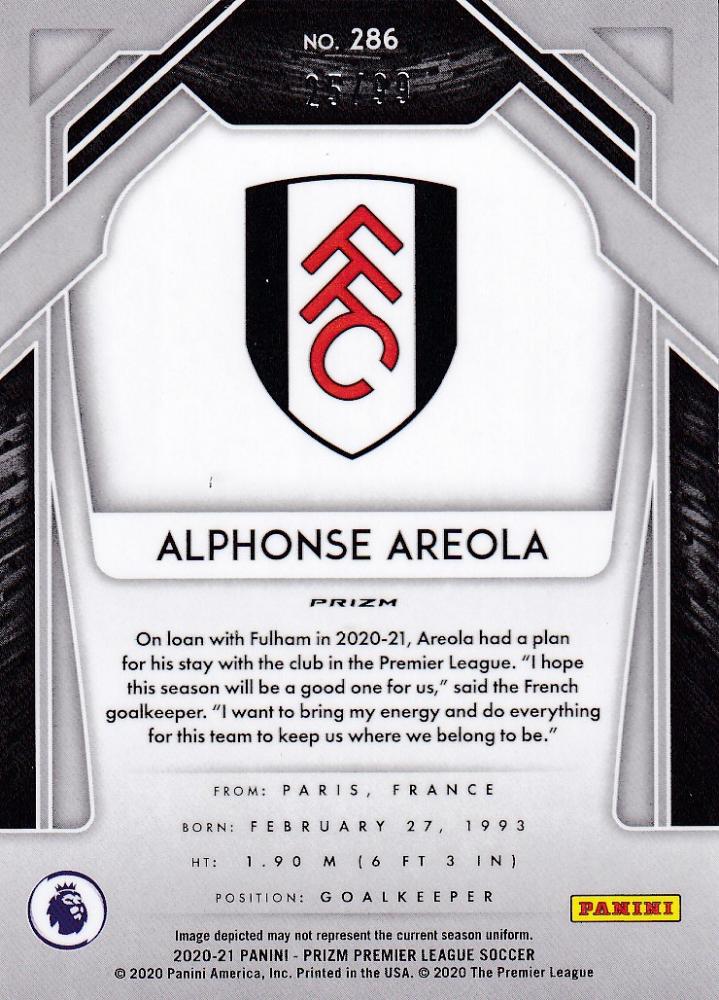 2020-21 Panini Prizm Premier League Fulham Alphonse Areola Base Purple Parallel trading card number 25 of 99