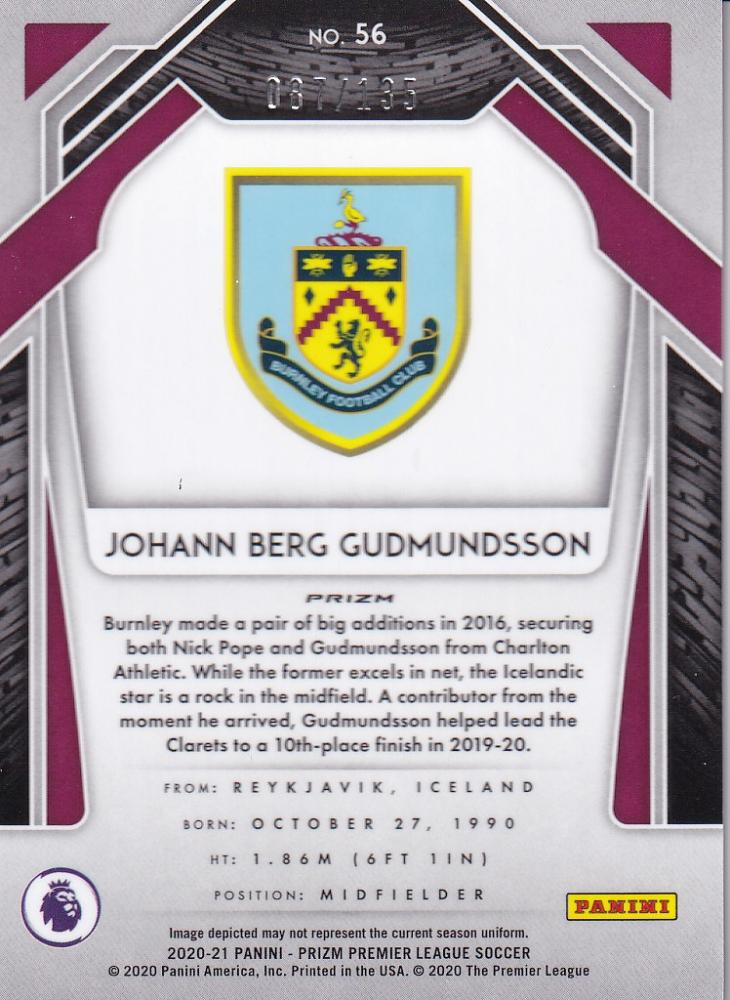 2020-21 Panini Prizm Premier League Burnley Johann Berg Gudmundsson Base Red Mojo Parallel card number 087 of 135