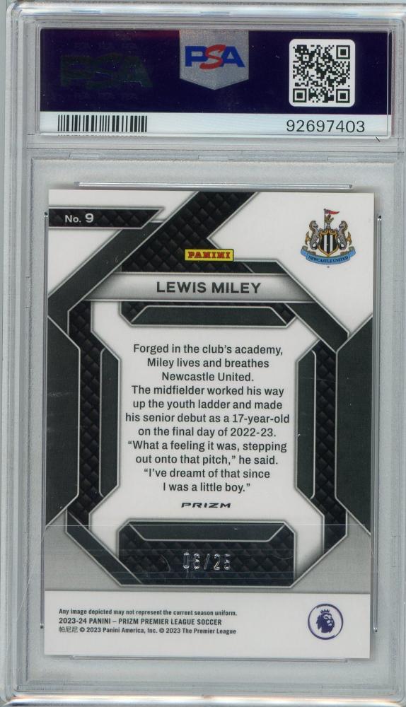 2023-24 Panini Prizm Premier League Soccer Lewis Miley Emergent/Orange Prizms/#906/25PSA10 Newcastle United