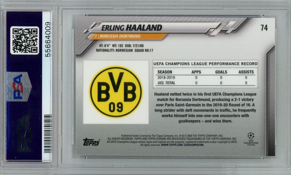 2018-19 Topps Chrome UEFA Champions League Soccer Erling Haaland Base/#74PSA10 Borussia Dortmund