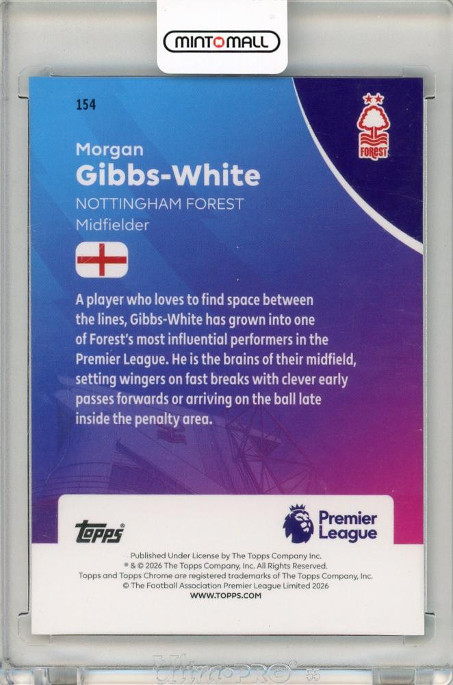 2026 Topps Chrome Premier League Soccer Morgan Gibbs-White Teal Refractor233/299 Nottingham Forest