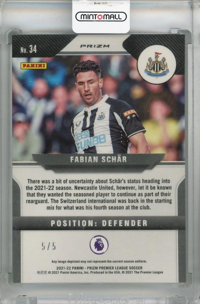 2021-22 Panini Prizm Premier League Fabian Schar Lime Green Breakaway Prizm #34 5/5(Last Number) Newcastle United