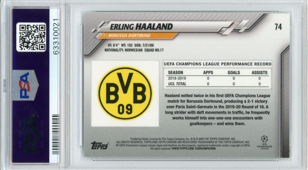 2019-20 Topps Chrome UEFA Champions League Borussia Dortmund Erling Haaland rookie card PSA 9 with minor stain on back