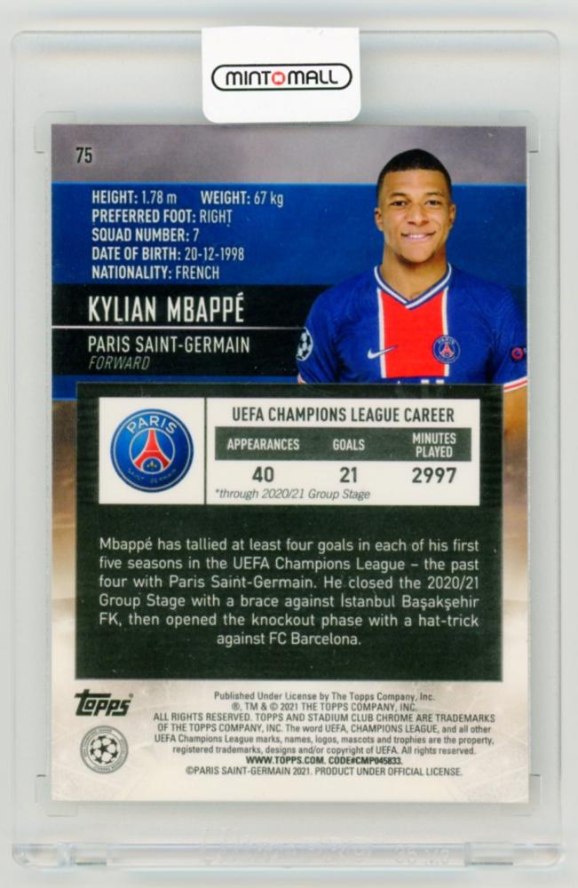 2020-21 TOPPS Stadium Club Chrome UEFA Champions League Base Orange/Yellow Electric Wave Refractor Kylian Mbappe #75 card