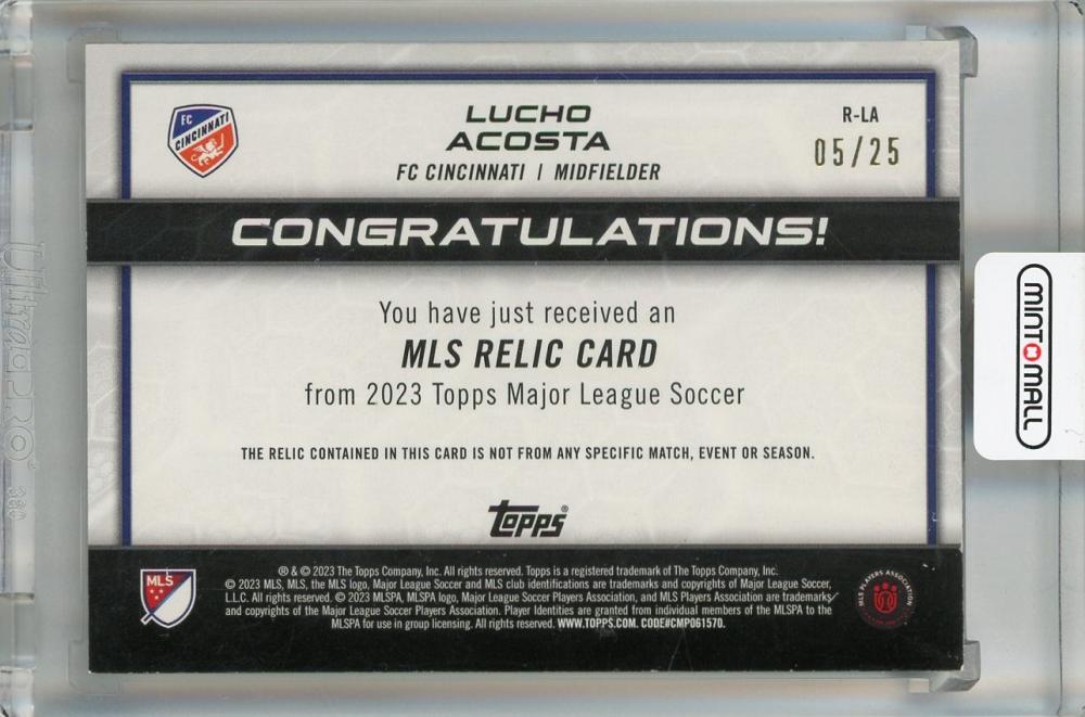 2023 Topps MLS Major League FC Cincinnati Lucho Acosta MLS Relics Orange #R-LA(Parallel Version) 05/25