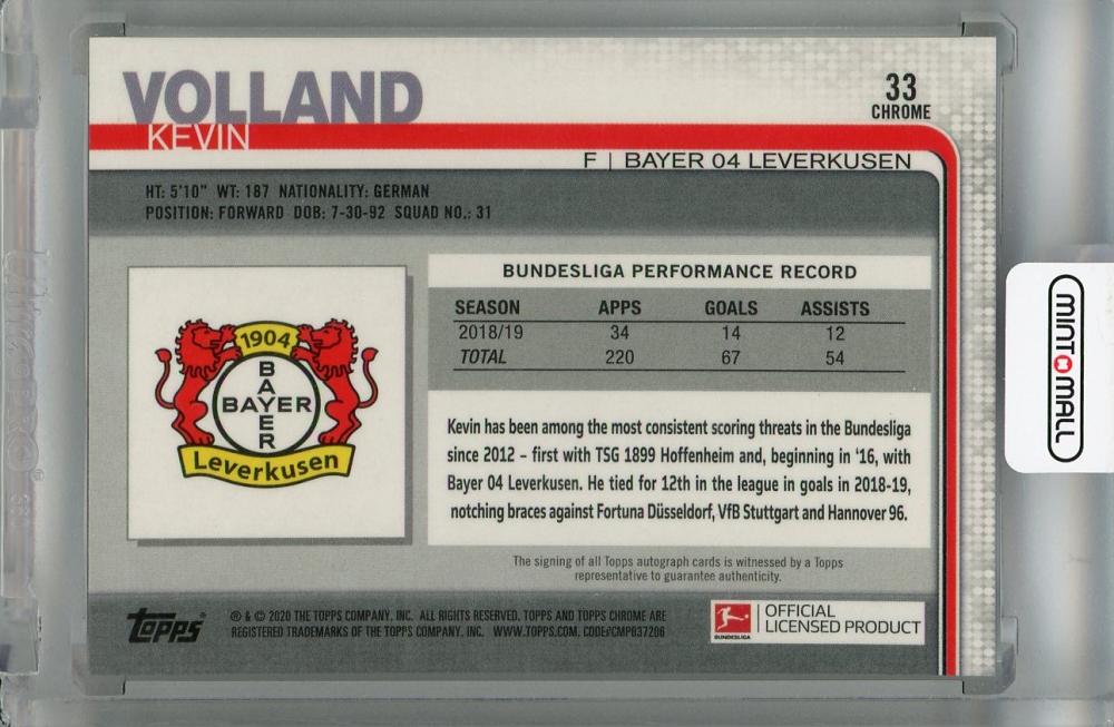 2019-20 Topps Chrome Bundesliga Bayer 04 Leverkusen Kevin Volland Autographs #33