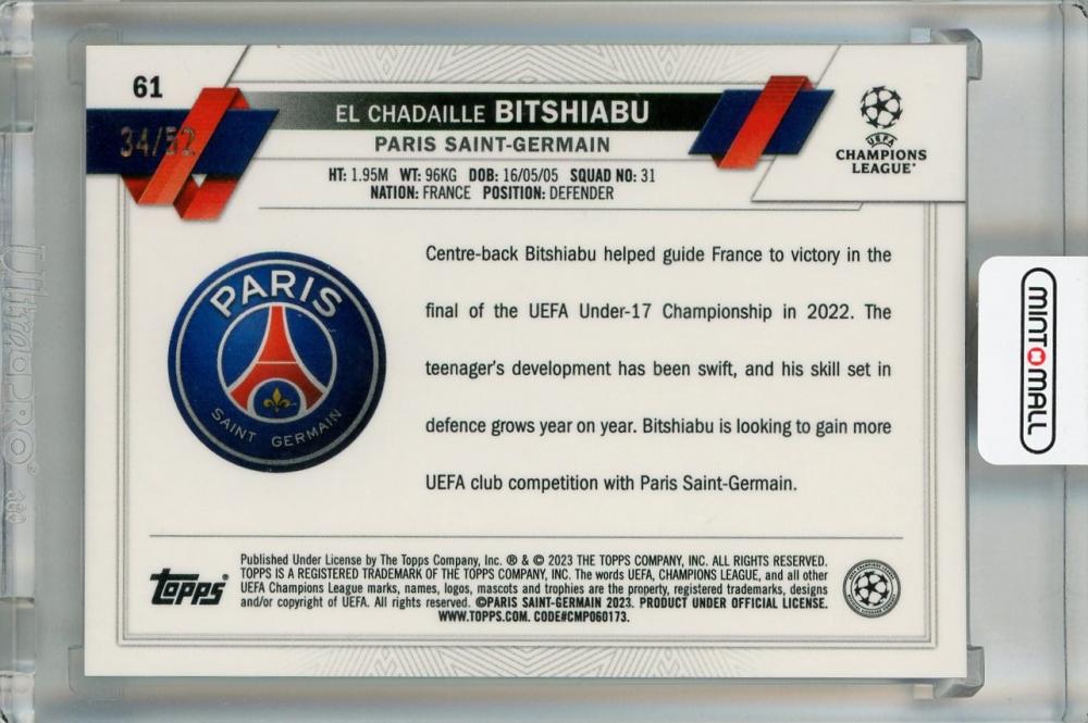 2022-23 Topps UEFA Club Competitions Paris Saint-Germain El Chadaille Bitshiabu Toppsfractor #61 (Parallel Version) RC (ROOKIE YEA