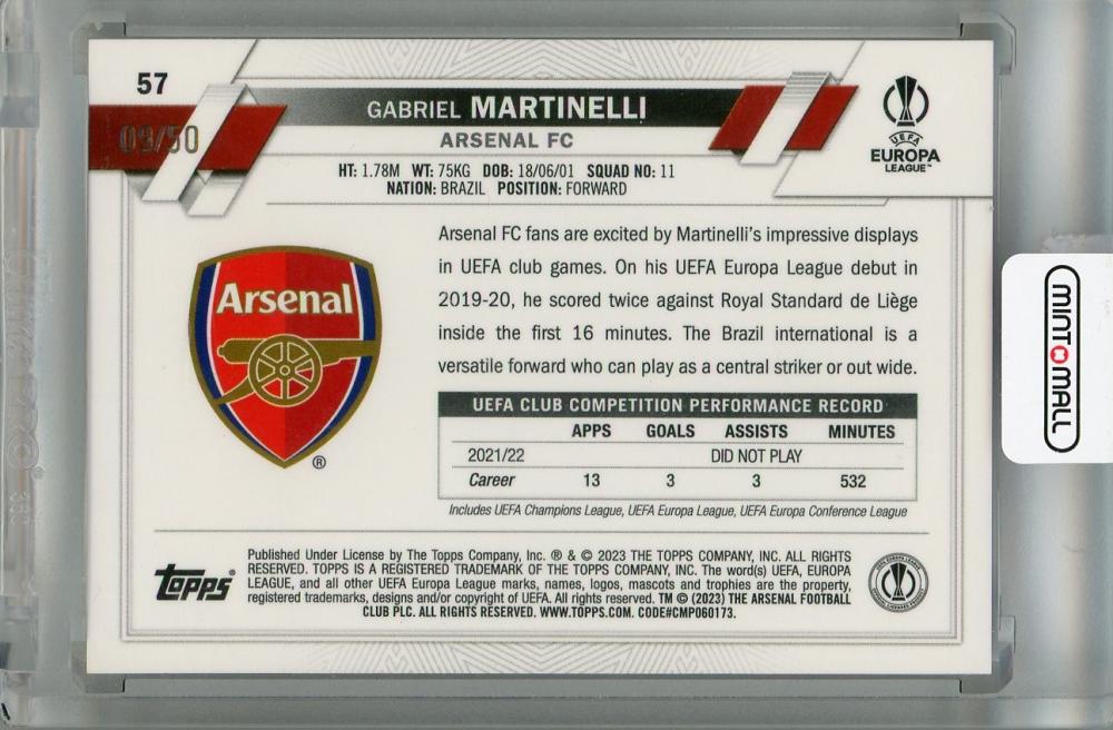 2022-23 Topps UEFA Club Competitions Arsenal FC Gabriel Martinelli Gold Foil #57 (Parallel Version) 09/50