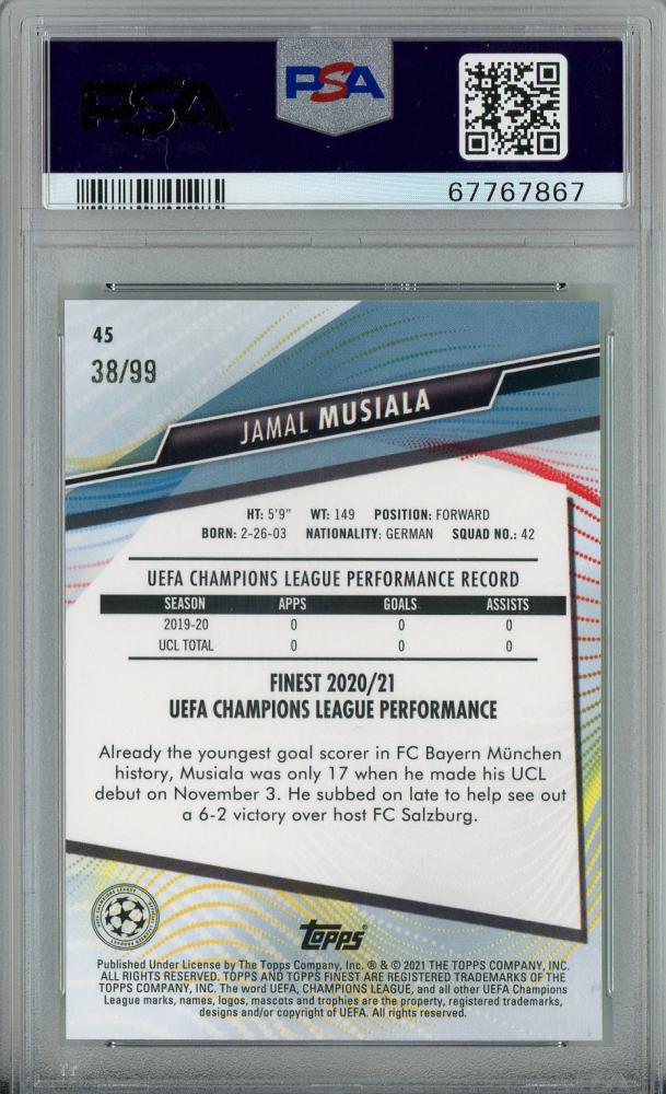 2020-21 Topps Finest UEFA Champions League Jamal Musiala RC/Green Refractors/#4538/99PSA9 Bayern Munchen