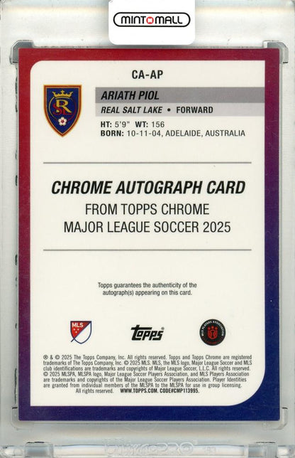 2025 Topps Chrome Major League Soccer Ariath Piol #CA-AP Chrome Autograph Purple Refractor Parallel40/75 Real Salt Lake