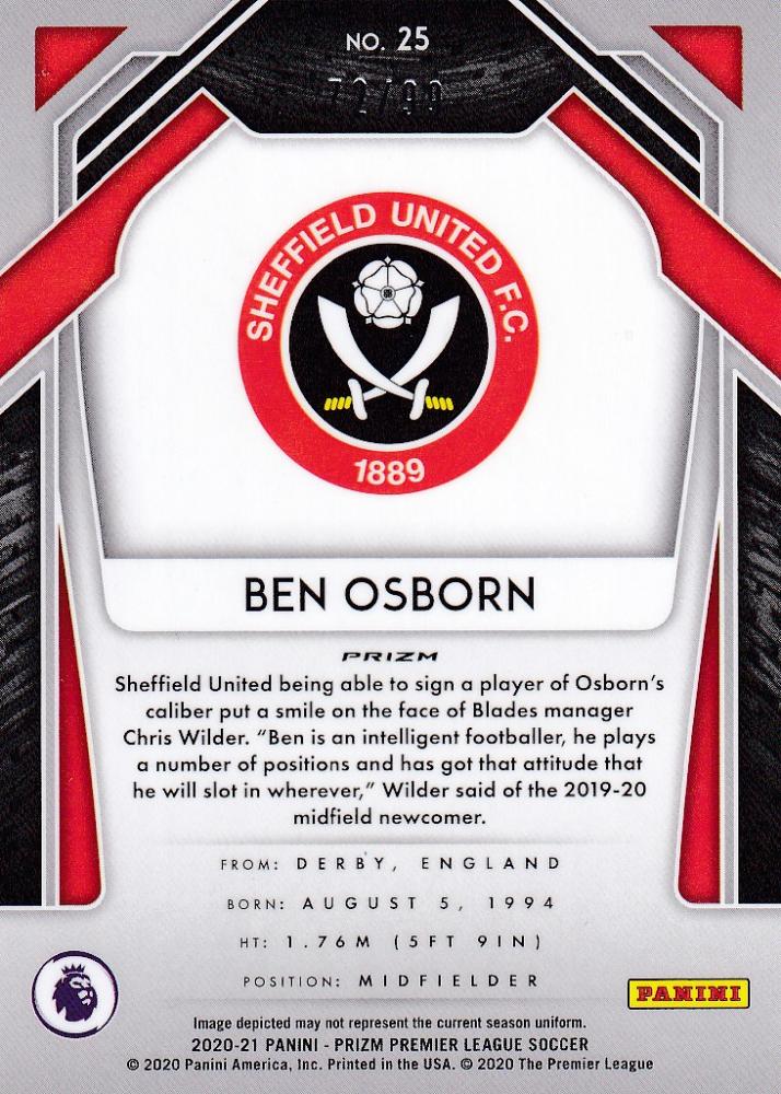 2020-21 Panini Prizm Premier League Breakaway Sheffield United Ben Osborn Base Violet Parallel card 72/99