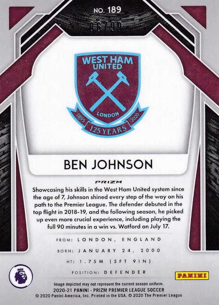 2020-21 Panini Prizm Premier League Ben Johnson West Ham United purple parallel card numbered 06 of 99