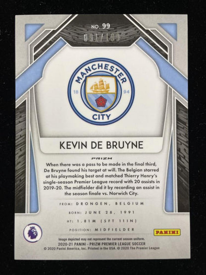 2020-21 Panini Prizm Premier League Manchester City Kevin De Bruyne Base Blue card serial numbered 091 of 199