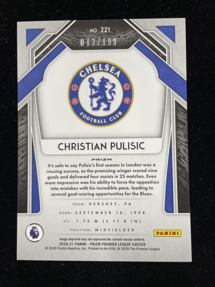 2020-21 Panini Prizm Premier League Chelsea FC Christian Pulisic Base Blue Parallel card 012 of 199