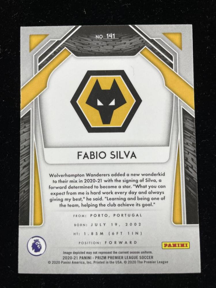 2020-21 Panini Prizm Premier League Wolverhampton Wanderers Fabio Silva base football card with minor stain on back