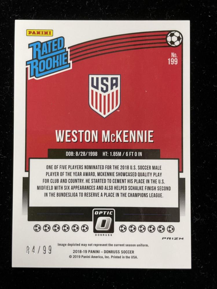 2018-19 Donruss Soccer Weston McKennie Base Optic Orange parallel card numbered 84 out of 99