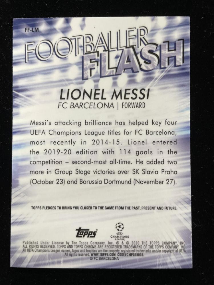 2019-20 Topps Chrome UEFA Champions League trading card featuring FC Barcelona Lionel Messi footballer flash