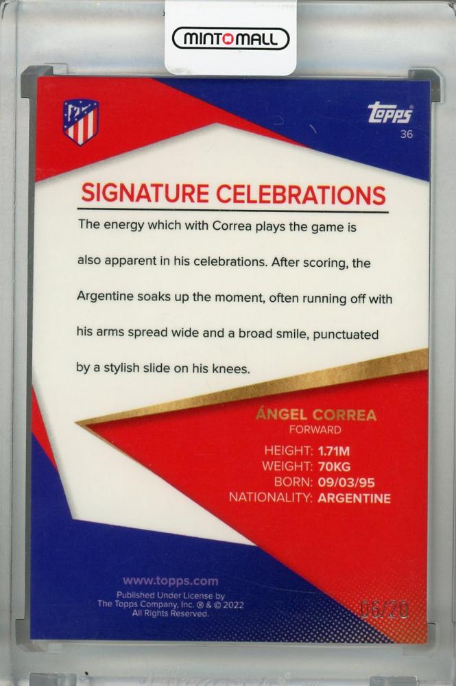 2021-22 Topps Atletico de Madrid Team Set Angel Correa base signature orange parallel card 06/20