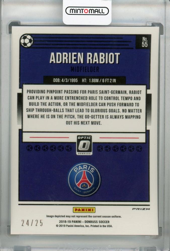 2018-19 Donruss Paris Saint-Germain Adrien Rabiot Base Optic Black Velocity Card serial 24 out of 25