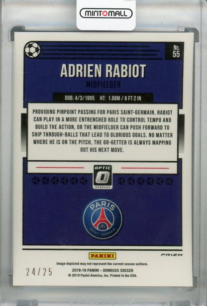 2018-19 Donruss Paris Saint-Germain Adrien Rabiot Base Optic Black Velocity Card serial 24 out of 25