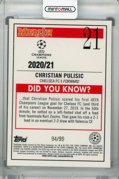 2020-21 Topps Merlin Chrome UEFA Champions League Christian Pulisic Green parallel card numbered 94 of 99