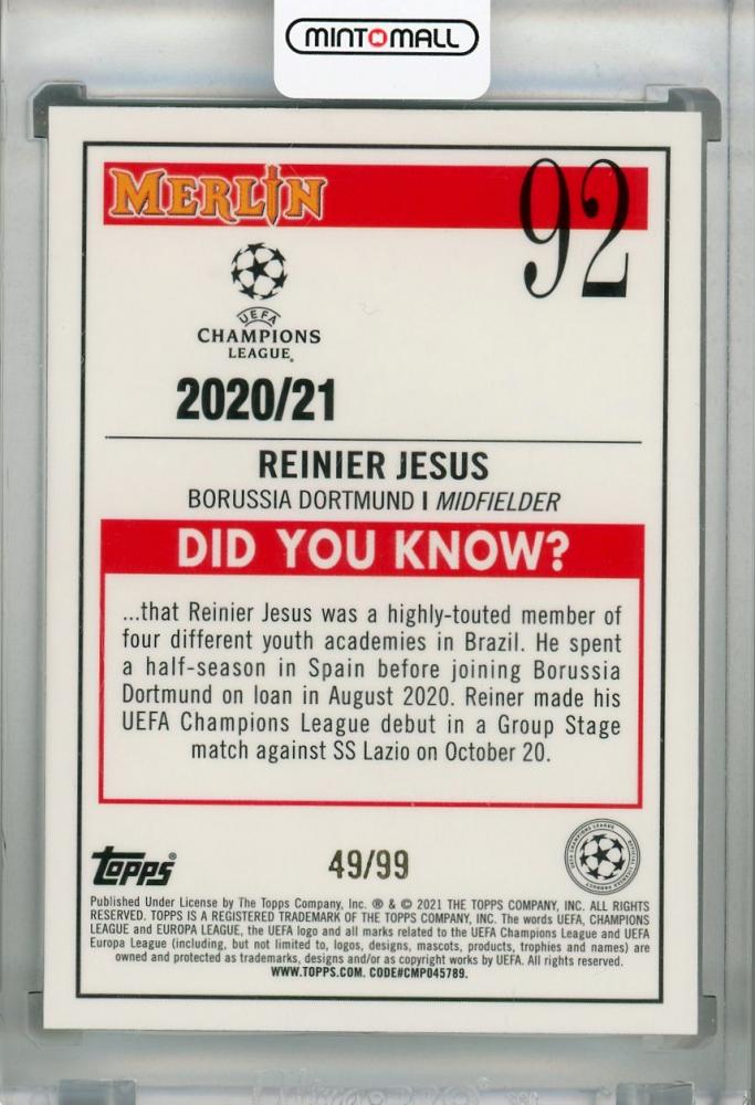 2020-21 Topps Merlin Chrome Borussia Dortmund Reinier Jesus Green Mojo parallel trading card serial 49 of 99