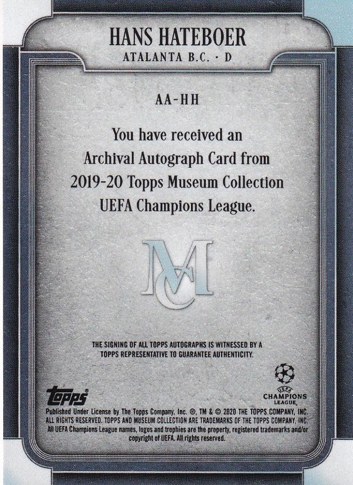 2019-20 Topps Museum Collection UEFA Champions League Atalanta B.C. Hans Hateboer Autographs Sapphire card