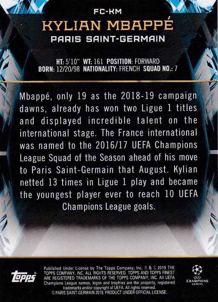 2018-19 Topps Finest UEFA Champions League Kylian Mbappe Paris Saint-Germain Finest Cornerstones trading card